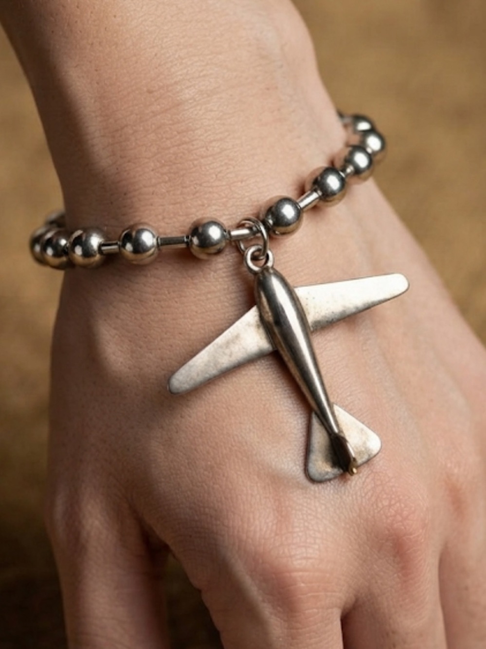 Silver Airplane Charm Bead Bracelet